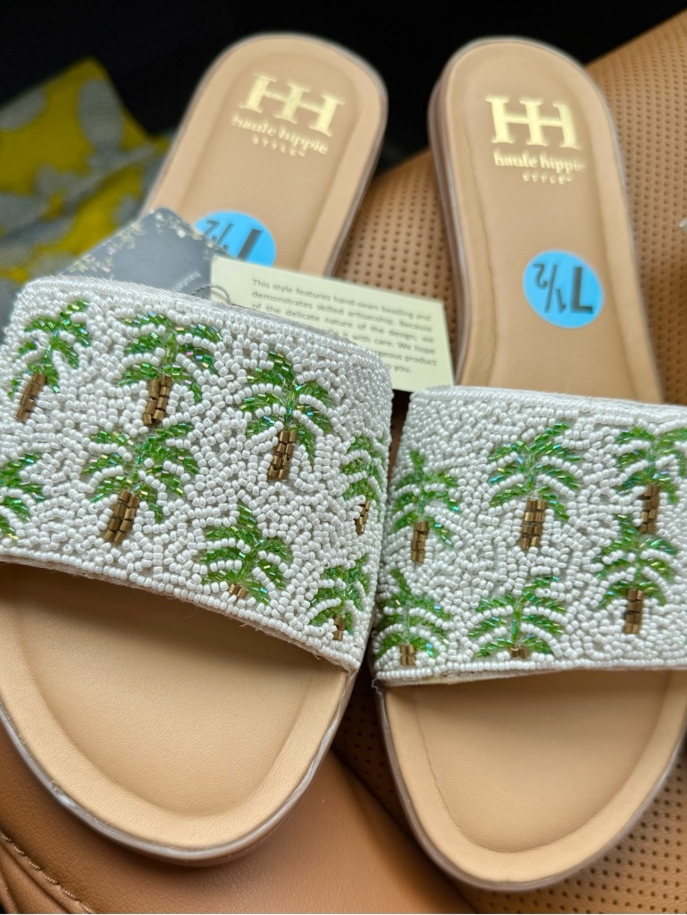 NEW Tropical White Beaded Palm-Tree Slide Sandals with Tan Footbed 7.5 Resort